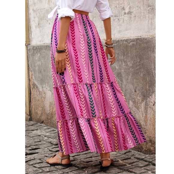 Pink Bohemian Chevron Print Ruffle Detail Maxi Skirt Faux Tassel Ties - Picture 6 of 7